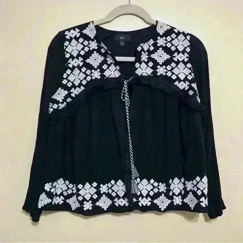 Mossimo Women’s Black White Embroidered Tassel Tie Jacket Wearable Art Size L